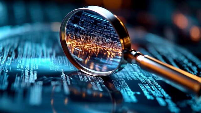 A detailed IT Security Risk Assessment concept depicted with a magnifying glass focused on a document within an abstract technological atmosphere, symbolizing scrutiny and protection.	
