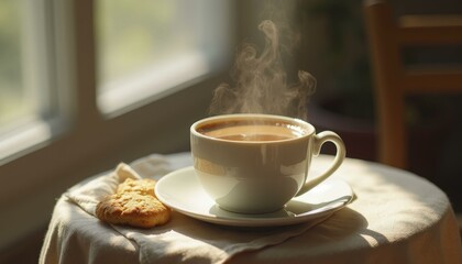 Fototapeta premium Cafe Scene With White Ceramic Cup Of Steaming Chai, Cookies, And Sunlit Ambiance.