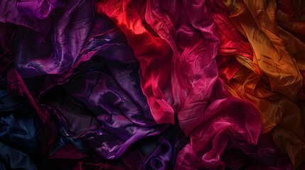 Colorful silk fabric draped elegantly, showcasing rich textures and vibrant hues, ideal for fashion