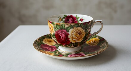 Fototapeta premium A beautifully decorated porcelain teacup with a floral pattern and a matching saucer.