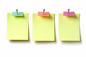 Three Yellow Sticky Notes Pinned with Colorful Tabs on a White Background