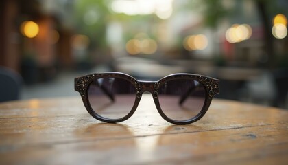 Tortoiseshell Sunglasses On Wooden Table With Sunlit Urban Background
