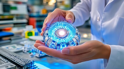 futuristic tech orb in scientist's hands - artificial intelligence