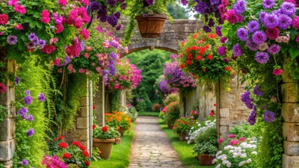 Naklejka premium Vibrant petunias and geraniums spill from hanging baskets above a winding stone path leading through a lush green archway in a picturesque English summer garden , archway, path