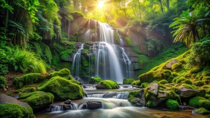Waterfall cascade over moss-covered rocks in lush tropical island foliage