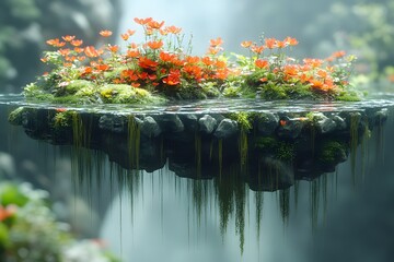 Floating island with red flowers and waterfall backdrop