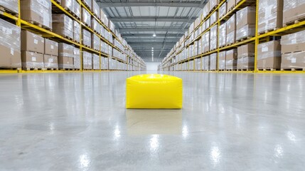 Yellow package in large warehouse aisle