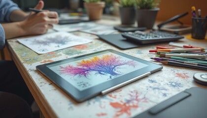 Cluttered Artist's Desk With Vibrant Tree Painting On Ipad And Scattered Art Supplies
