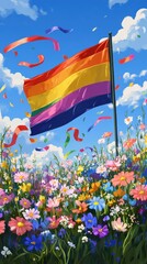 A pride flag flying over a field of wildflowers, with ribbons blowing in the wind and flowers matching the colors of the flag.