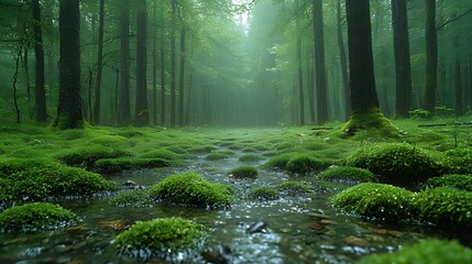 Obraz premium Misty forest stream, moss, trees, tranquility, nature, background, path, photography, travel, design