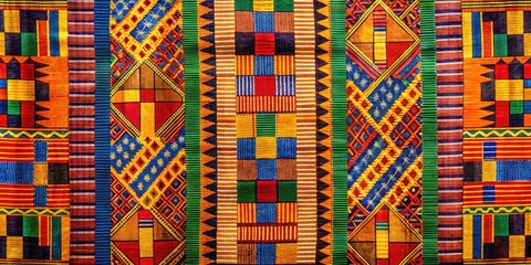 African Kente cloth with intricate geometric designs and vibrant colors, traditional, colorful,  traditional
