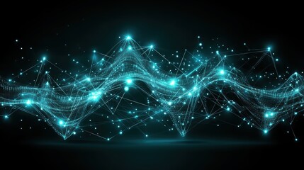 Fototapeta premium A glowing abstract representation of interconnected lines and dots, illustrating a digital or technological theme against a dark background.
