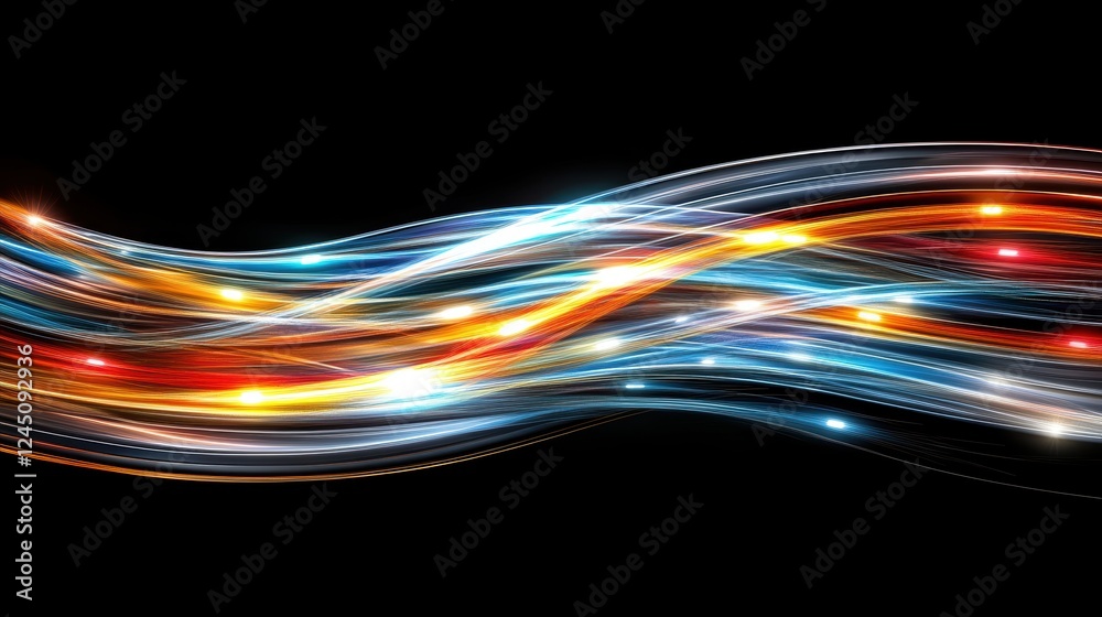 Poster a vibrant display of colorful light trails flowing in waves against a black background, creating a d