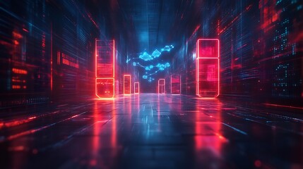 Fototapeta premium Neon Lit Data Servers In A Digital Corridor