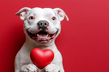 Obraz premium Marketing concept art. Cute american bulldog pup with critter toy red heart - emblem of love, funny greeting card. American bulldog - my cherished dog. Adorable valentine's day themes.