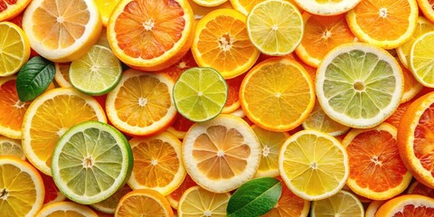 Obraz premium Top view of sliced oranges and lemons creating a colorful background rich in Vitamin C, Vitamin C