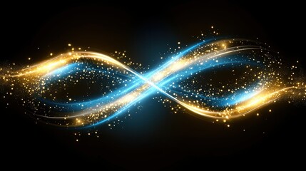 Fototapeta premium An elegant depiction of an infinity symbol with shimmering blue and gold light trails on a dark background, representing endless possibilities and creativity.