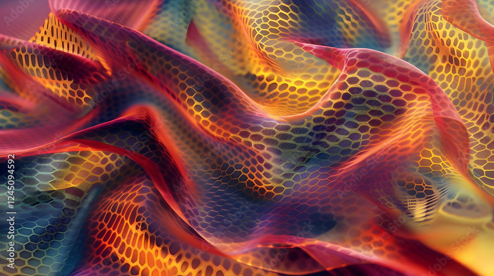 Poster colorful abstract fabric waves with a honeycomb pattern, creating a dynamic visual effect