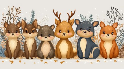 Fototapeta premium Cute deer friends autumn forest greeting card