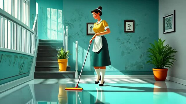 Retro maid mopping sunlit hallway with potted plant and pictures