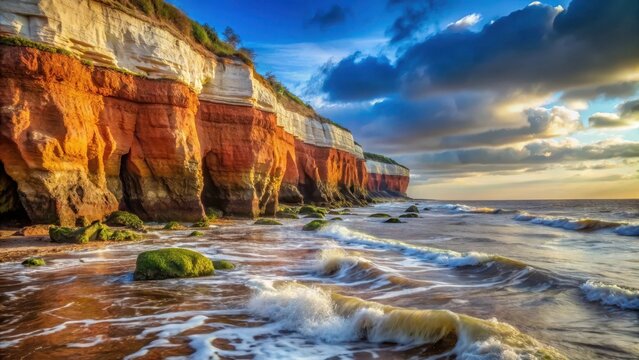 Dramatic sea stack at Hunstanton Cliffs in Norfolk with waves crashing below, cliff formations, hunstanton cliffs