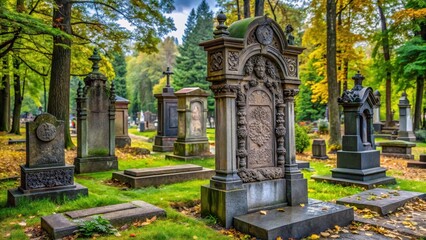 Fototapeta premium Ancient gravestone with intricate carvings in Hietaniemi cemetery, old tombstones, monument, old tombstones, monument