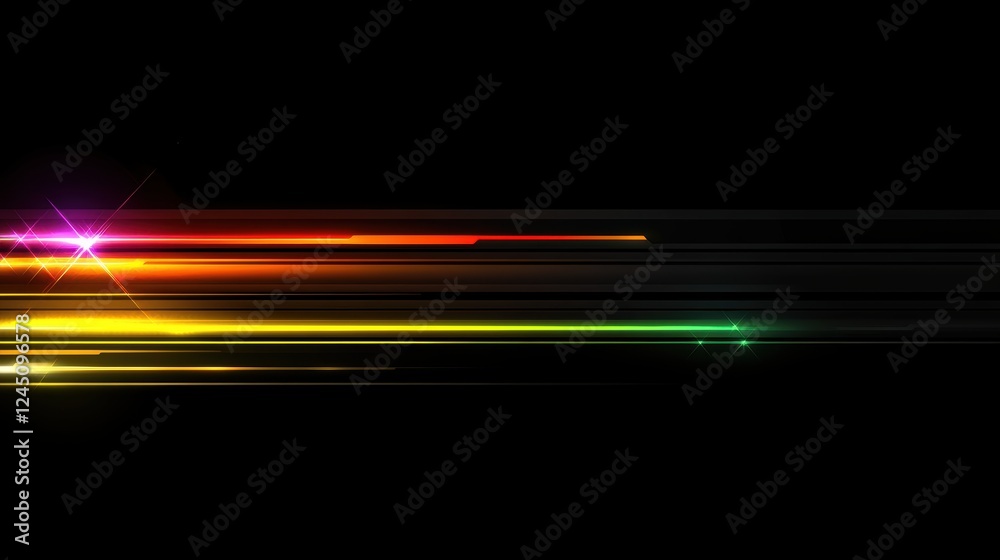Poster a dynamic display of colorful light streaks on a black background, creating a sense of motion and vi