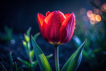 Night Bloom: Red Tulip Garden Photography, Dark Red Tulips Night Shot, Nighttime Flower Photography, Red Tulip Night Scene