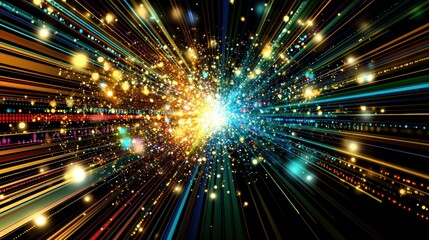 Fototapeta premium An abstract explosion of light and color, radiating beams and sparkling particles, creating a dynamic and energetic visual effect.