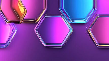 A vibrant, geometric design featuring hexagonal shapes with colorful gradients, set against a dark purple background.