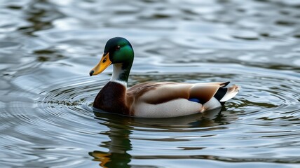Obraz premium Mallard duck swimming in serene water surrounded by gentle ripples during a calm afternoon