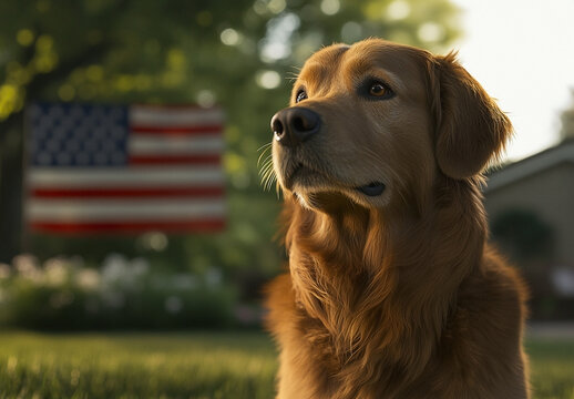 Patriotic Golden Retriever gazes into the distance with American Flag backdrop