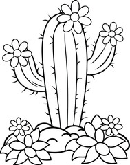 Cactus and Botanical Flowers Combination Line Art Vector Design for Books