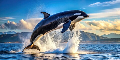 Fototapeta premium Orca Whale Leap, Ocean Mammal, Aquatic Wildlife, Stunning Photography, Underwater Action, Wildlife Photo, Nature Photography, Animal Photography,