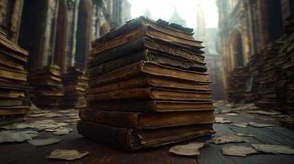 Ancient books stack, cathedral, papers, floor