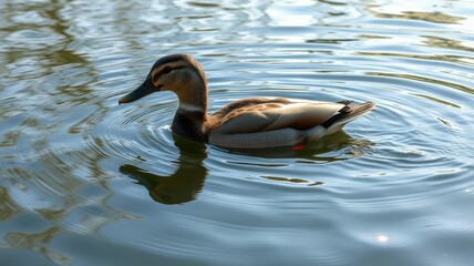 Duck swimming gracefully on a calm lake during a bright sunny day