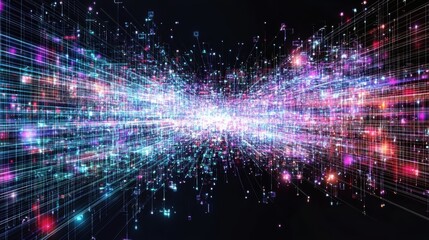 Fototapeta premium A vibrant display of colorful light beams and particles creating a dynamic, digital landscape resembling data flow or cosmic energy.