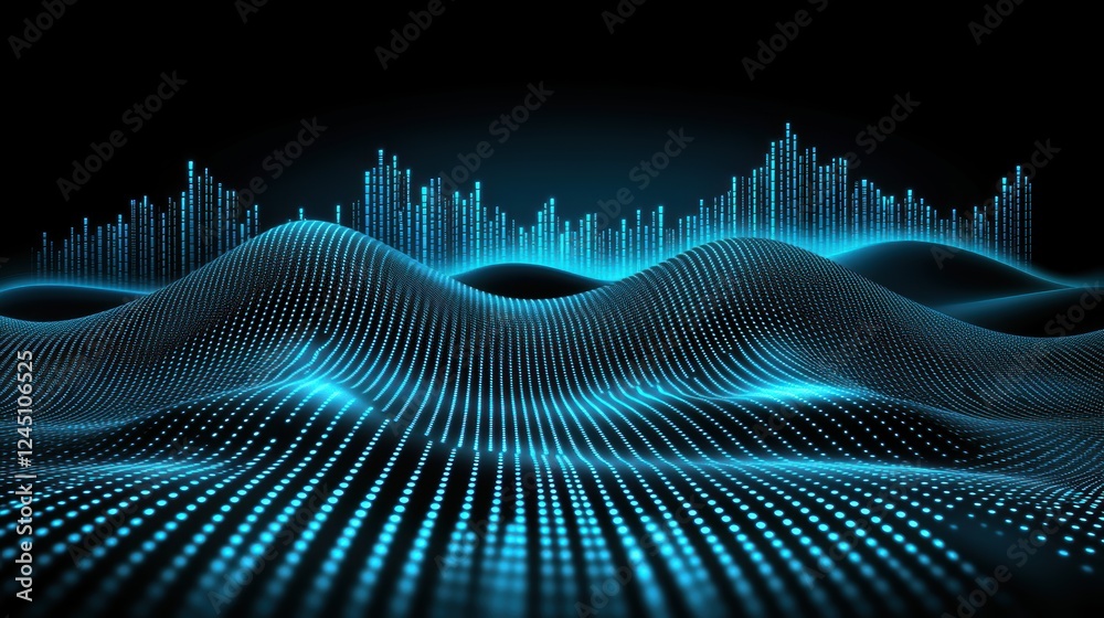 Poster a digital landscape featuring glowing blue waves and sound wave patterns, creating a futuristic and 