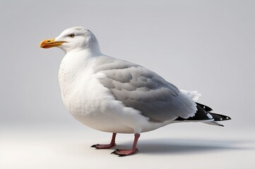 Obraz premium A plump seagull standing on a white background, viewed from the side.