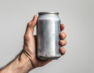 Hand Holding a Sleek Aluminum Can: Perfect for Beverage Packaging Photography