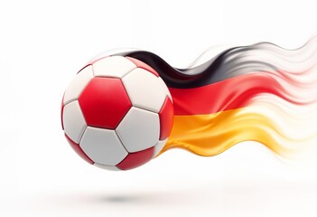 Fototapeta premium Soccer ball in mid-air draped with the Germany flag with a trail of motion lines behind it to emphasize speed isolated on a white background