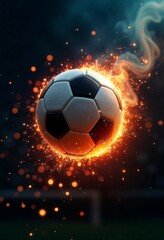 Naklejka premium Soccer ball soaring through the air encircled by flickering flames and glowing sparks