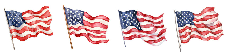 Waving American flags in vibrant colors, symbolizing patriotism and freedom, isolated on transparent background.