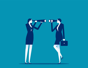 Two business person looking at each other with binoculars. Business observed vector flat style