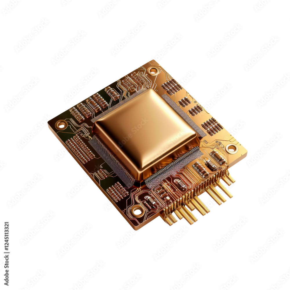 Poster high tech microchip with gold plating and intricate circuitry design, showcasing advanced technology