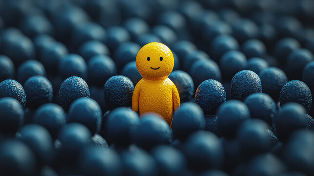 A single happy yellow figure stands out among many dark blue figures.  It symbolizes uniqueness, individuality, and standing out from the crowd.