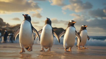 Fototapeta premium A family of penguins waddling towards the ocean, preparing for a synchronized dive,
