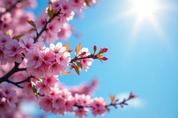 Blooming hawthorn tree against a blue sky with sunlight, nature, sky, blossoms