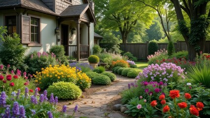 Fototapeta premium Beautiful Cottage Garden Path Stone Walkway Flowers House