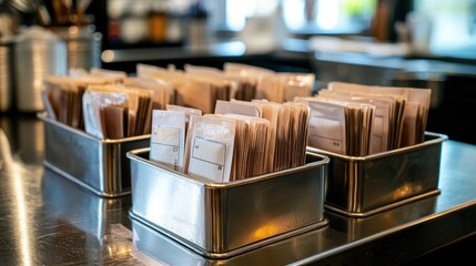 Organized packets in metallic containers on a counter